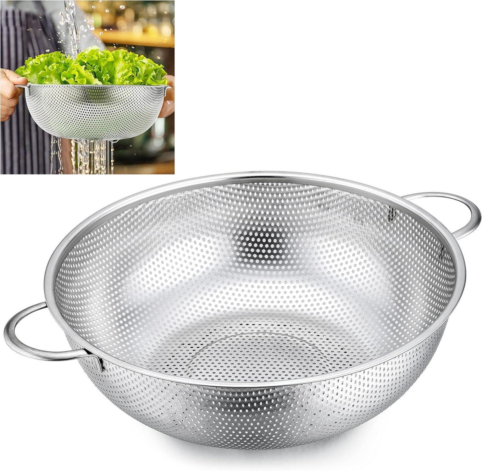 Edelstahl Nudelsieb 28cm mit Griffen, Mikroperforiertes Abtropfsieb