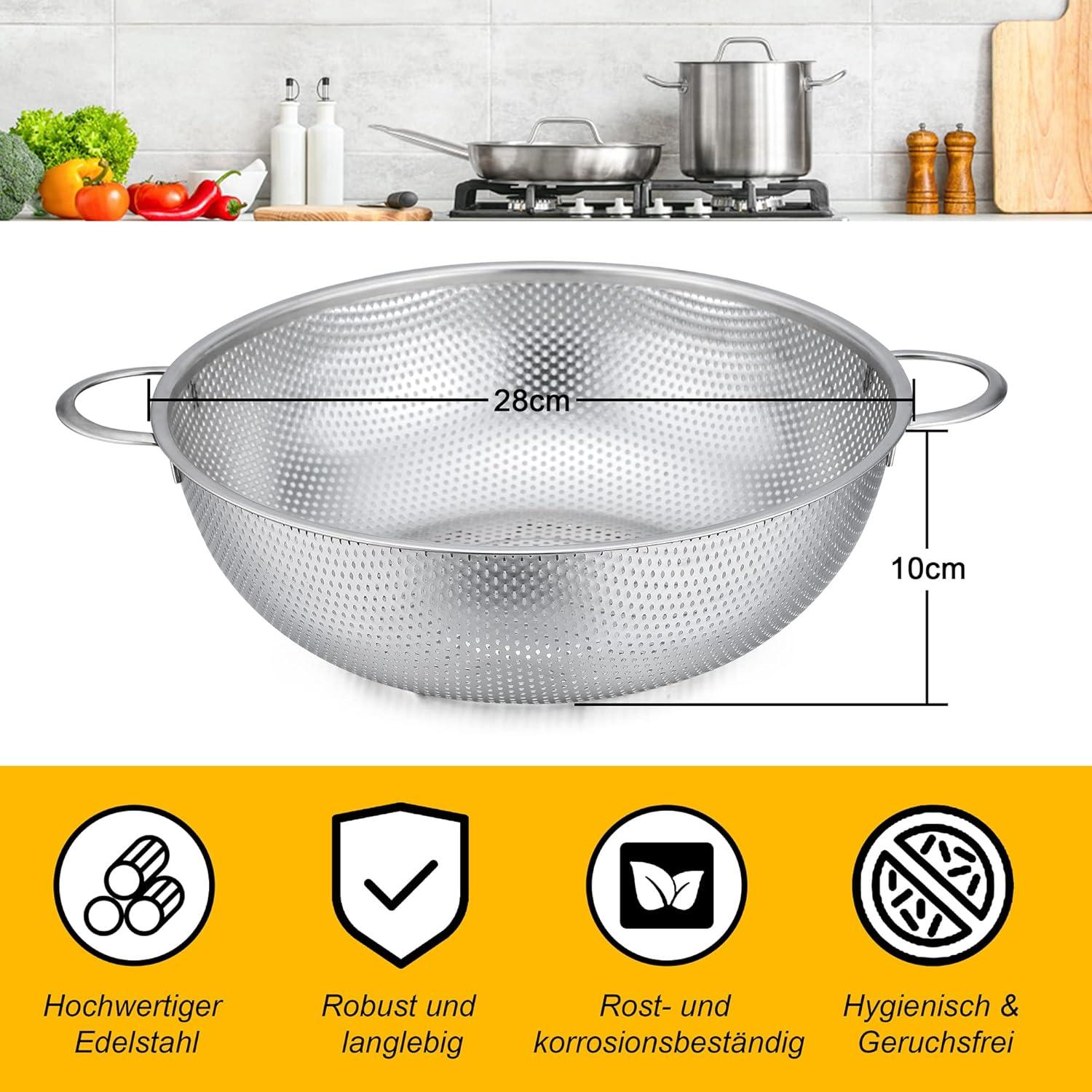 Edelstahl Nudelsieb 28cm mit Griffen, Mikroperforiertes