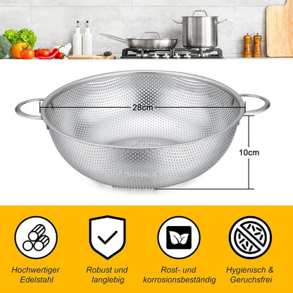 Edelstahl Nudelsieb 28cm mit Griffen, Mikroperforiertes