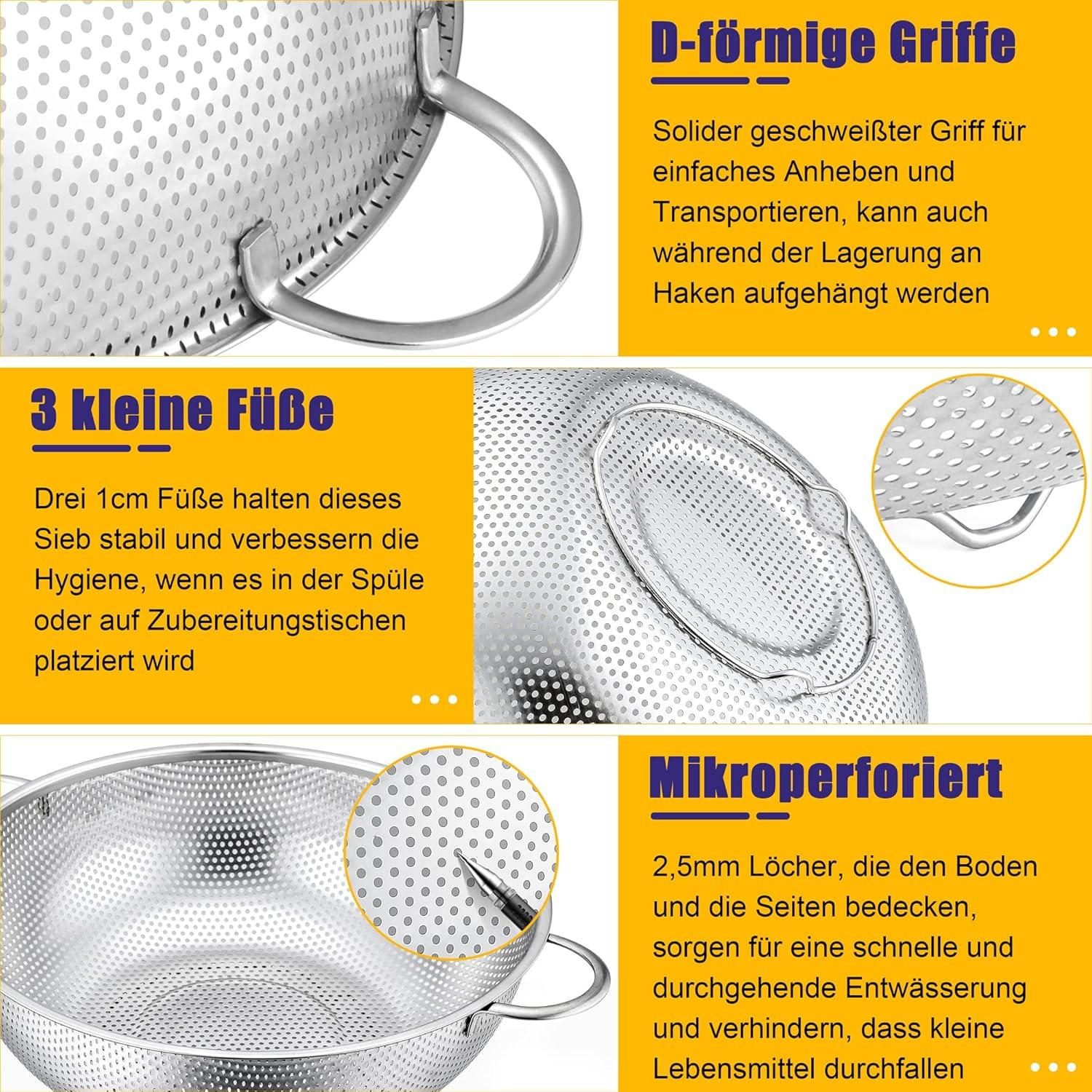 Edelstahl Nudelsieb 28cm mit Griffen, Mikroperforiertes Abtropfsieb