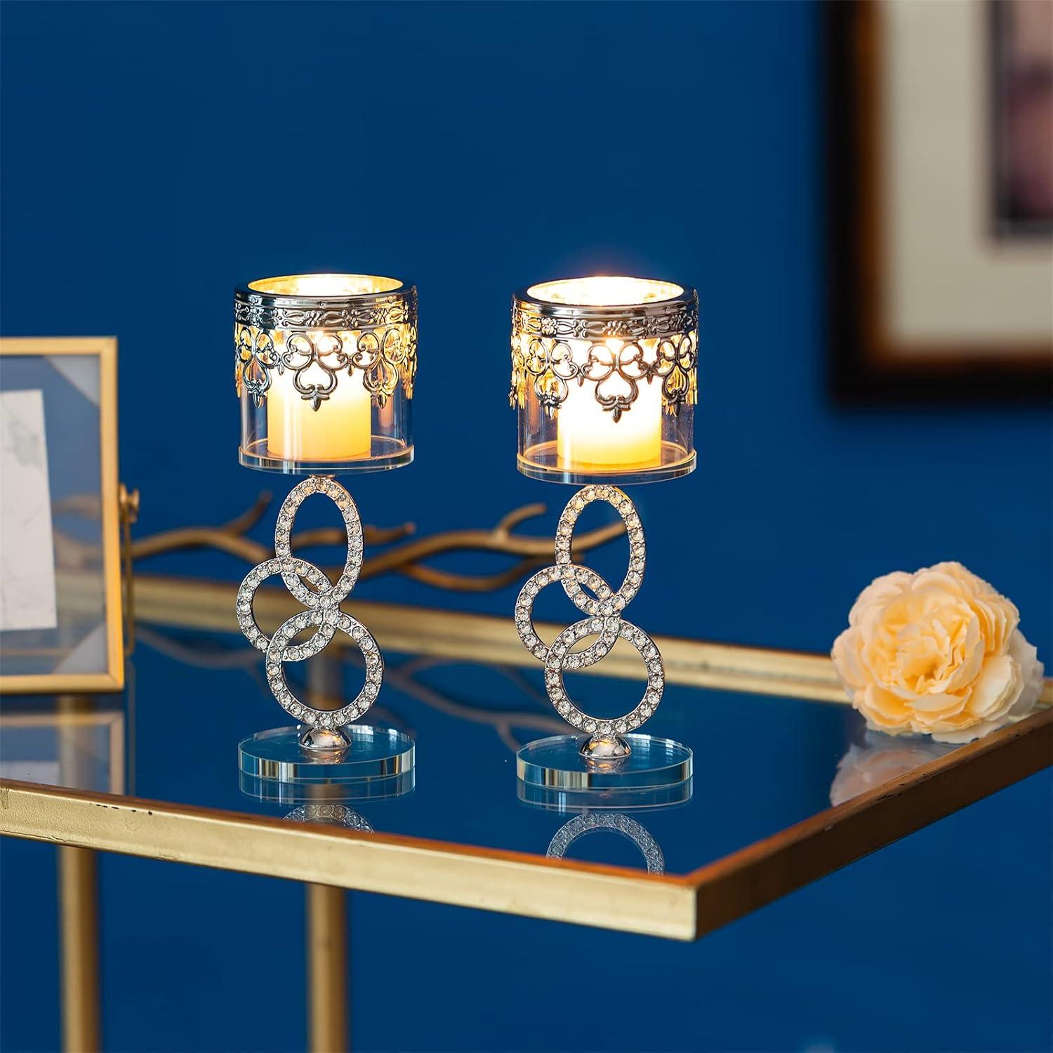 Kerzenständer Kristallglas Teelichthalter 2er Set Silber