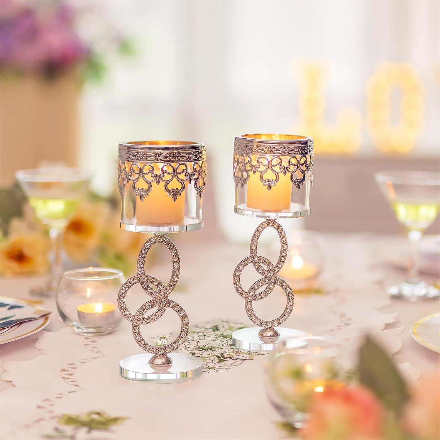 Kristallglas Teelichthalter Silber 2 Stück Stabkerzen Stil 3 - Hochzeit Tischdeko