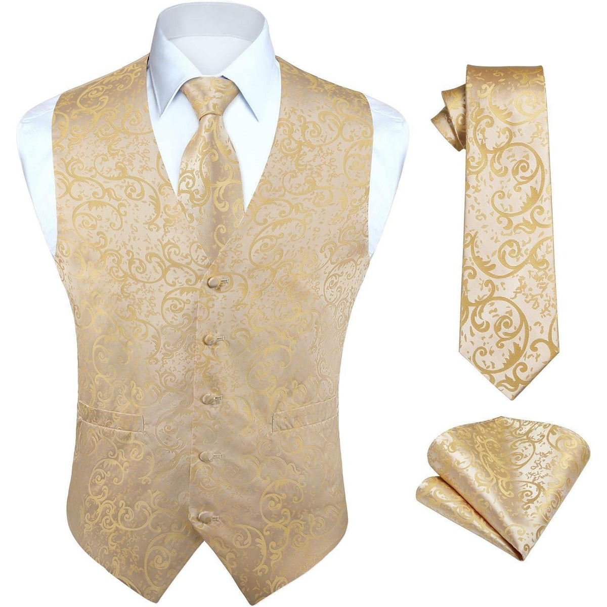 Herren Weste Krawatte Einstecktuch Set Champagner Jacquard