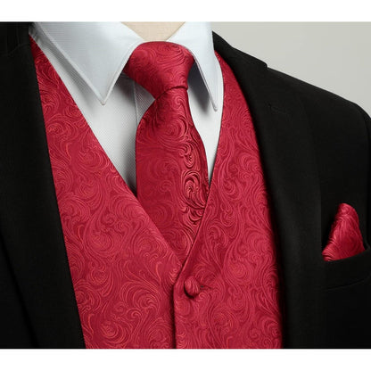 Herren Weste Krawatte Einstecktuch Set Jacquard Rot