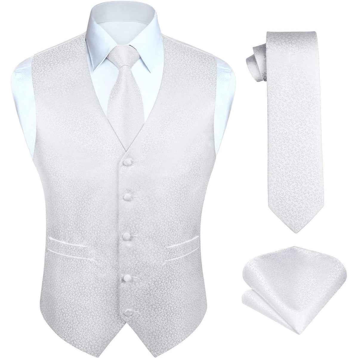 Herren Jacquard Weste Krawatte Einstecktuch Set XL Weiß