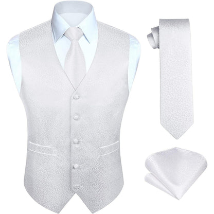 Herren Jacquard Weste Krawatte Einstecktuch Set XL Weiß
