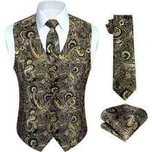 Herren Jacquard Weste Krawatte Einstecktuch Set Gold & Schwarz