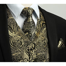 Herren Jacquard Weste Krawatte Einstecktuch Set Gold & Schwarz