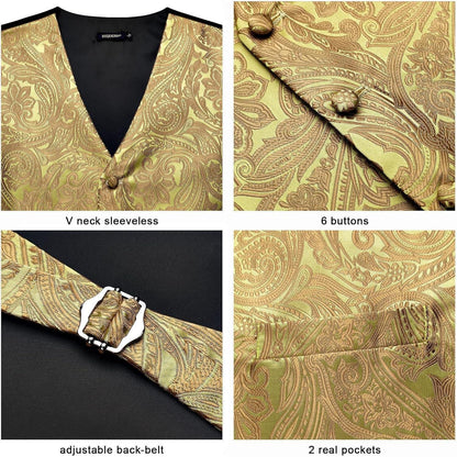 Herren Jacquard Weste Krawatte Einstecktuch Set Gelb 3XL