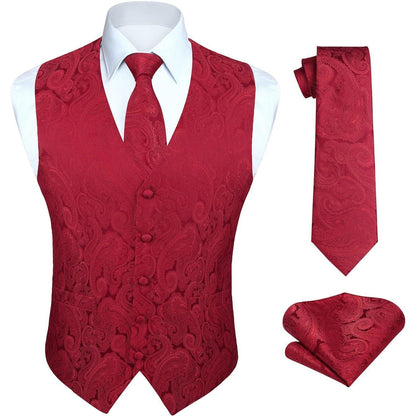 Herren Weste Krawatte Einstecktuch Set Jacquard 3XL Burgund