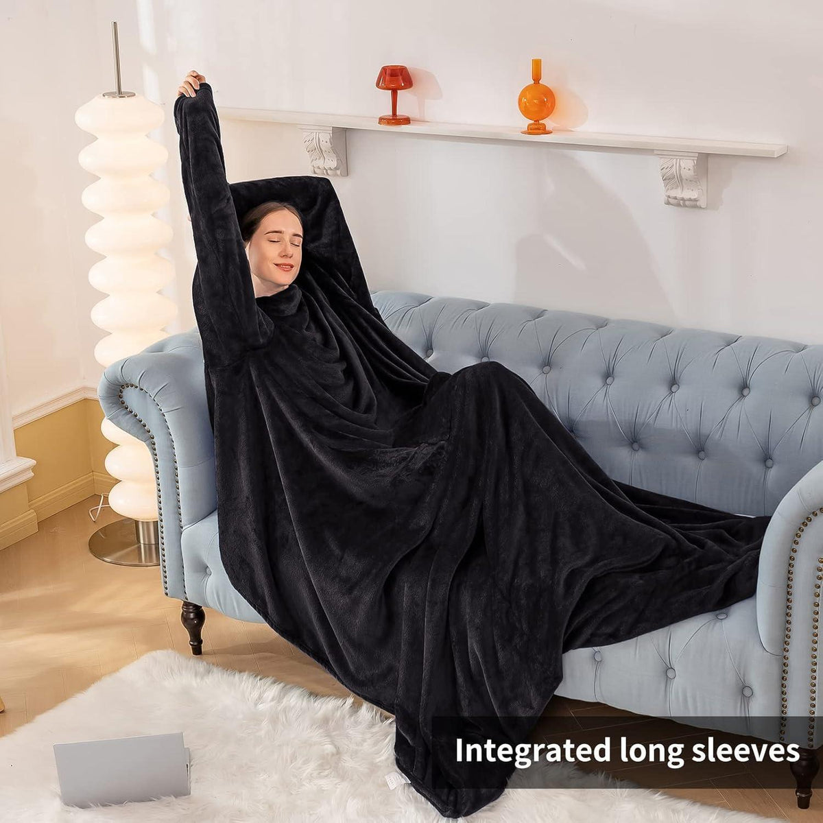 Kuscheldecke mit Ärmeln & Fußtasche – Tragbare Decke Schwarz 150x200cm