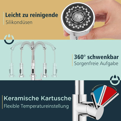Hochwertiger Wasserhahn Küche mit Brause, Hochdruck, 360° schwenkbar