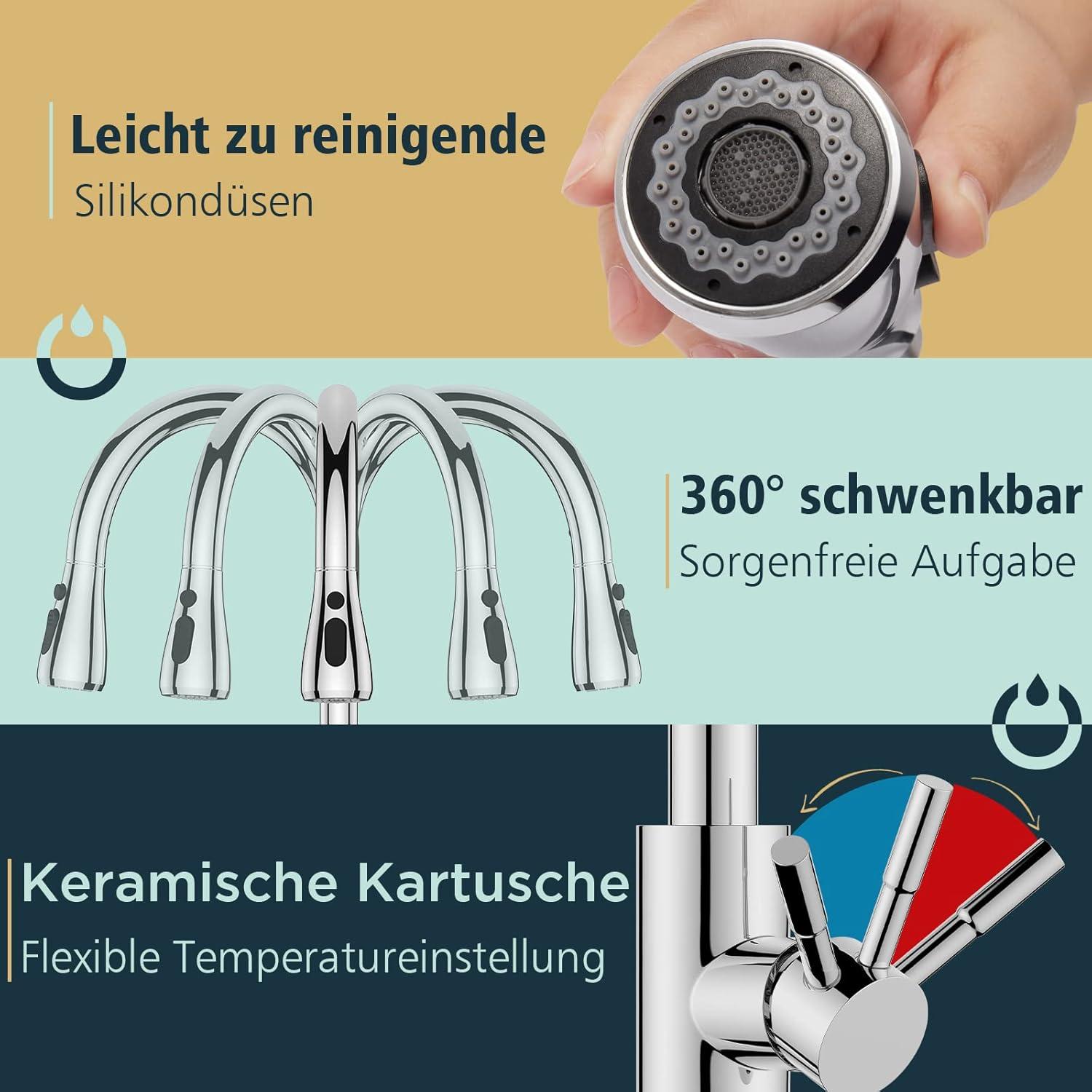 Moderne Hochdruck Küchenarmatur mit ausziehbarer Brause - 360° schwenkbar