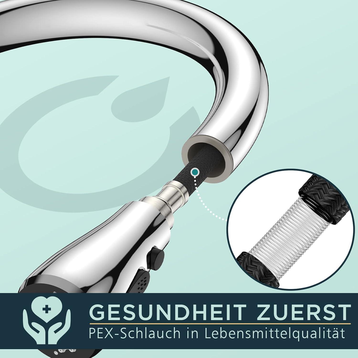FORIOUS Hochdruck Küchenarmatur mit ausziehbarer Brause, 360° schwenkbar, polierter Chrom