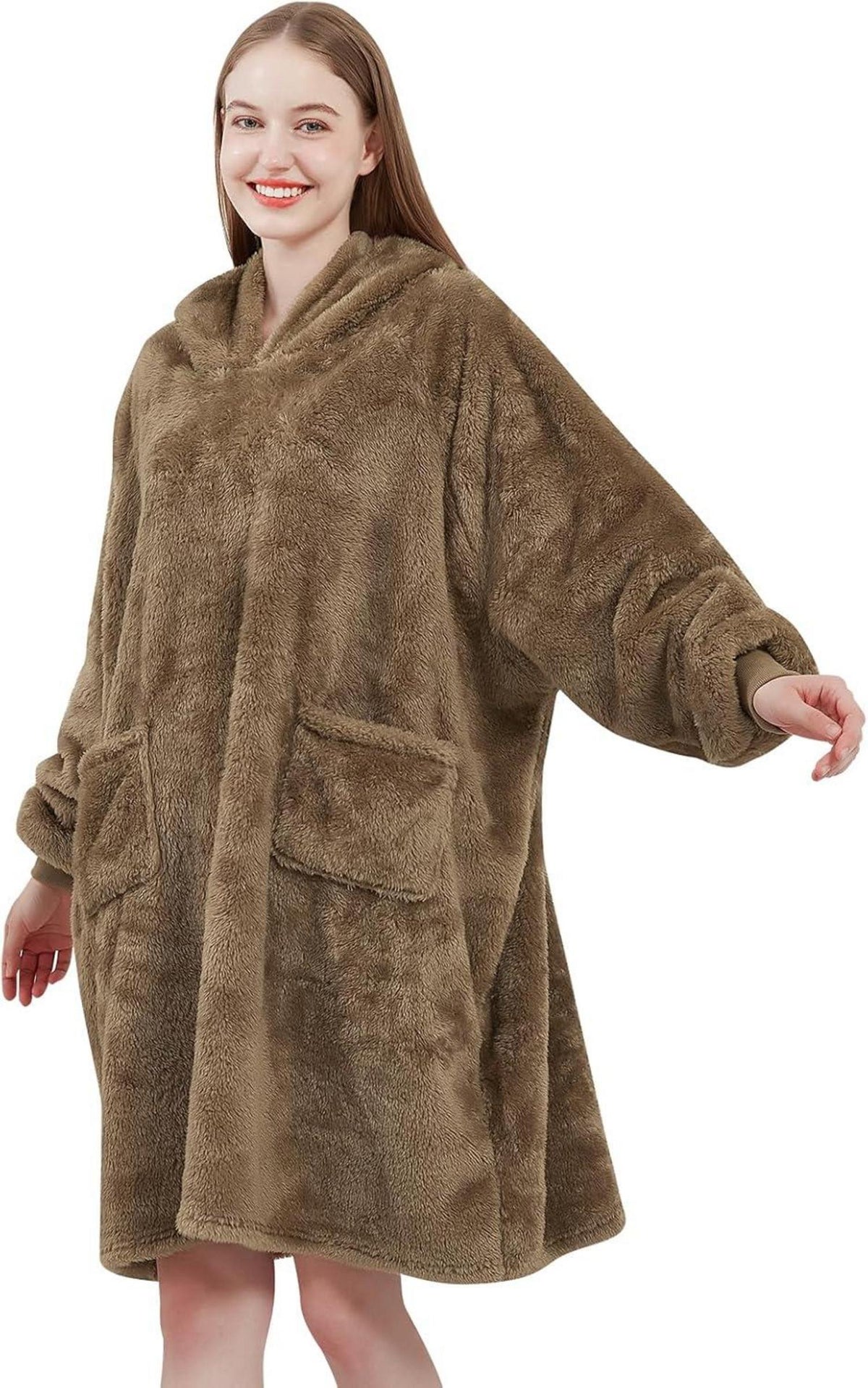 Kuschelige Hoodie Decke mit Taschen und Kapuze in Kamelbeige
