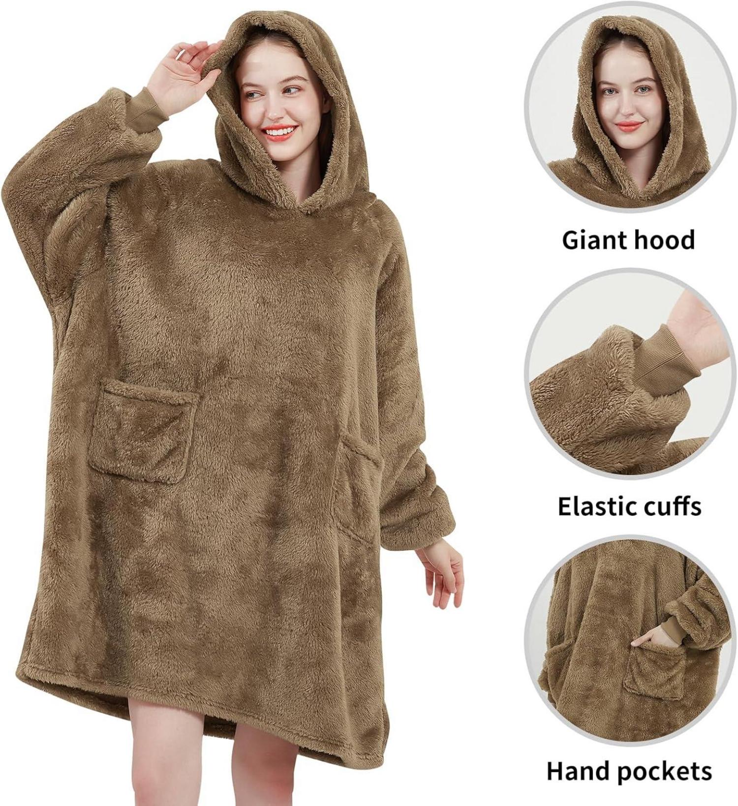 Kuschelige Hoodie Decke mit Taschen und Kapuze in Kamelbeige