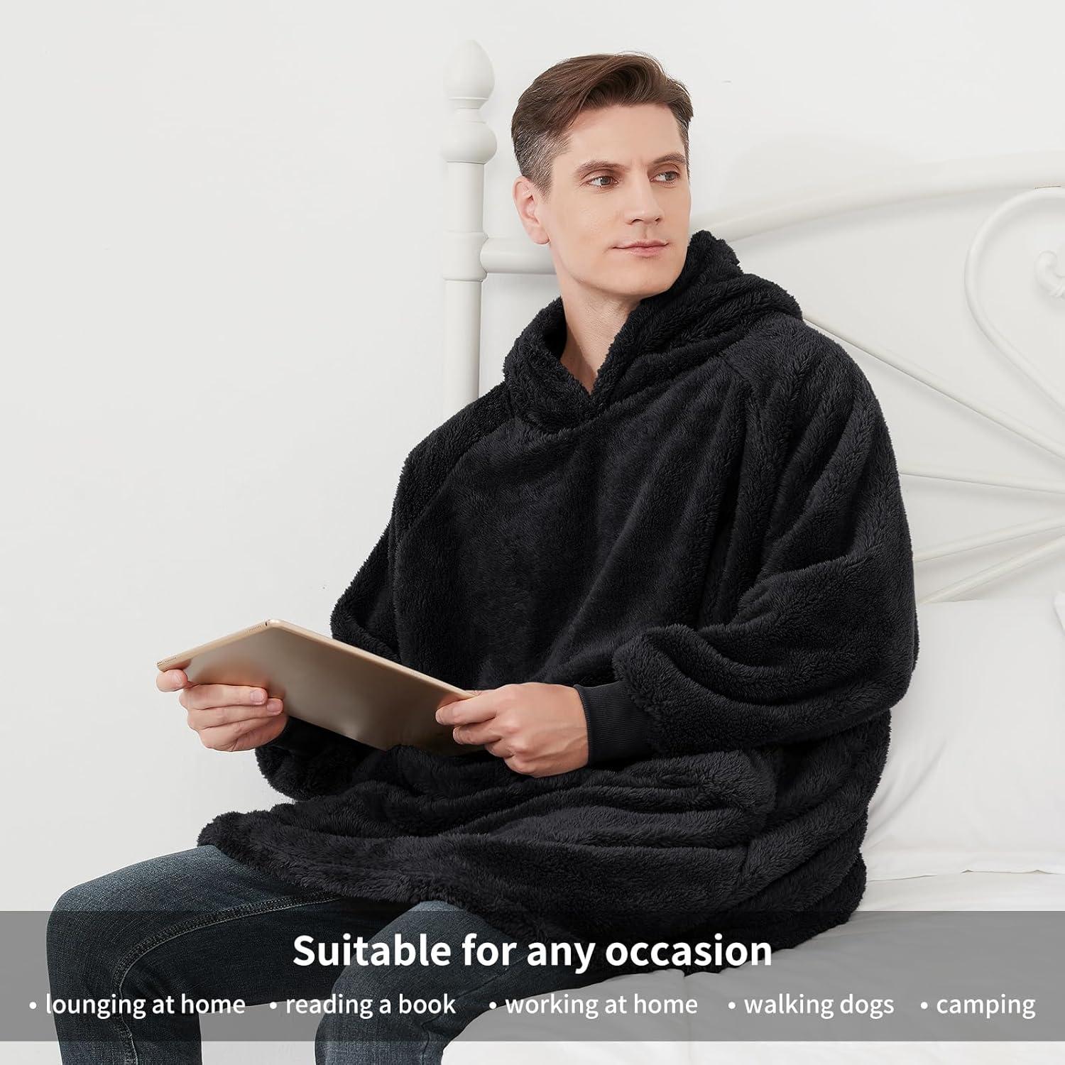 Kuschelige Hoodie Decke mit Ärmeln und Kapuze, Schwarz 95x85cm