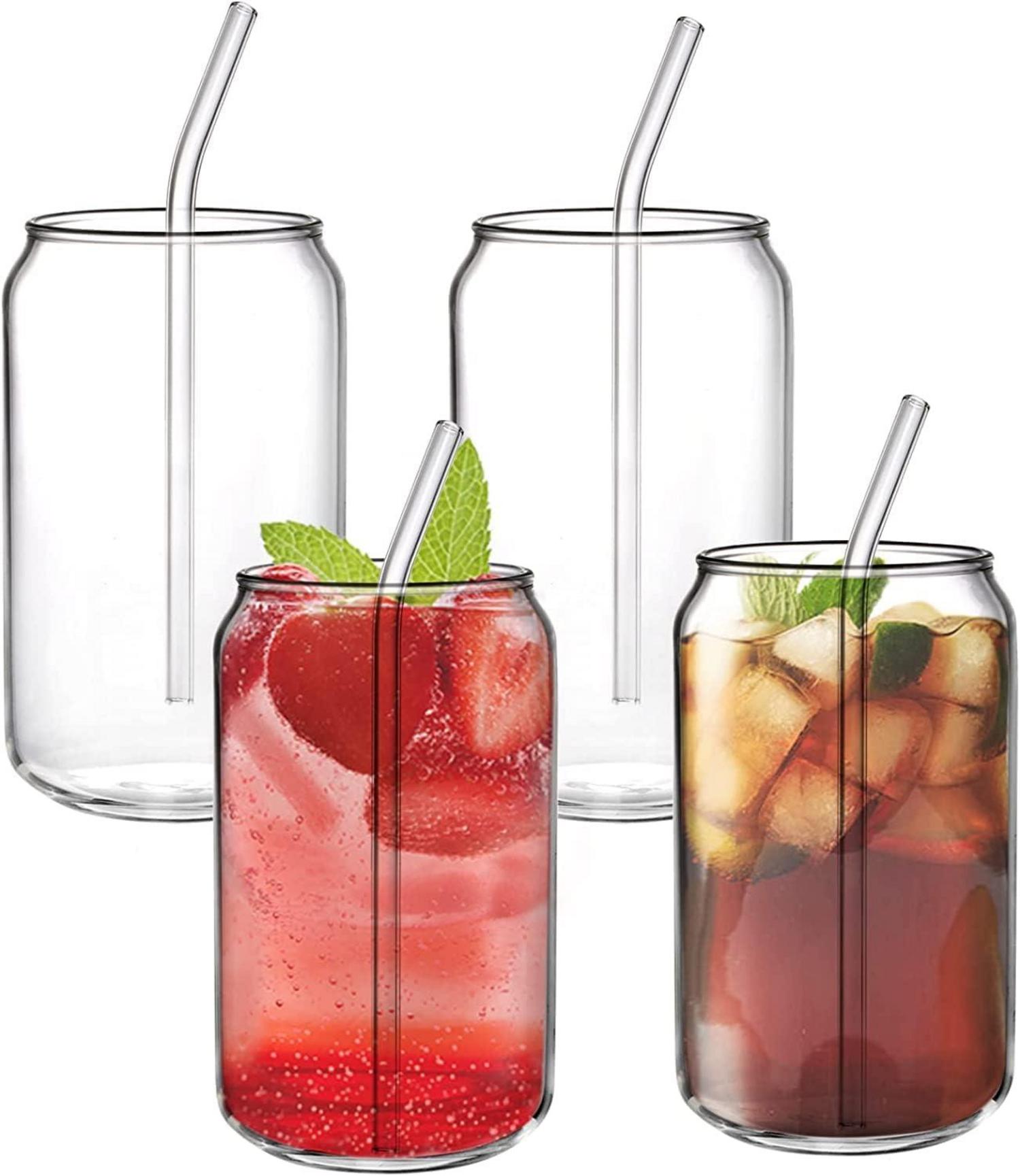 4er Set Biergläser in Dosenform mit Glasstrohhalmen