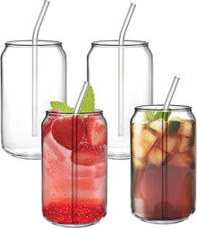 4er Set Biergläser in Dosenform mit Glasstrohhalmen
