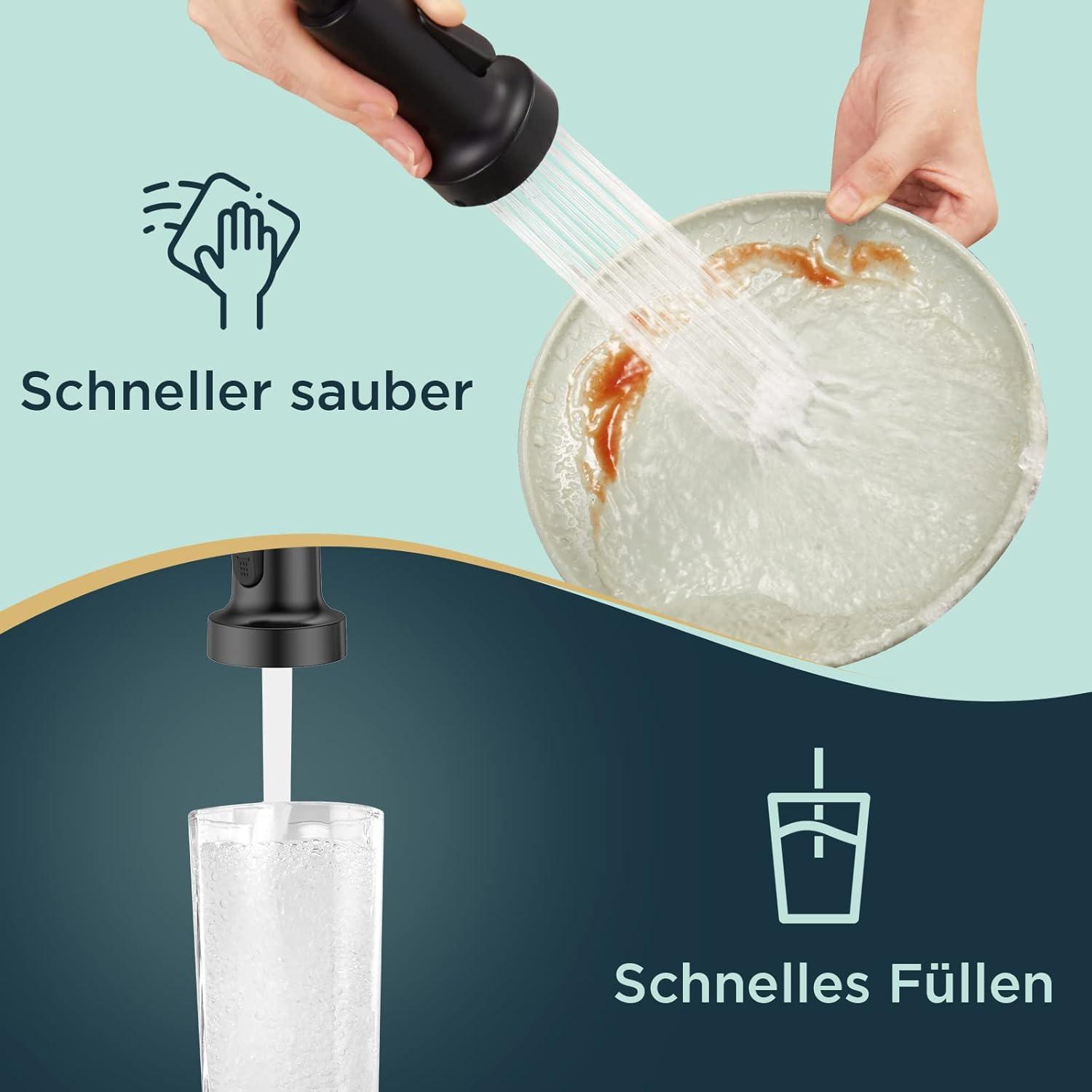 FORIOUS Schwarze Küchenarmatur mit herausziehbarer Brause - Mattschwarz, Hochdruck, 360° schwenkbar, 2 Sprühmodi