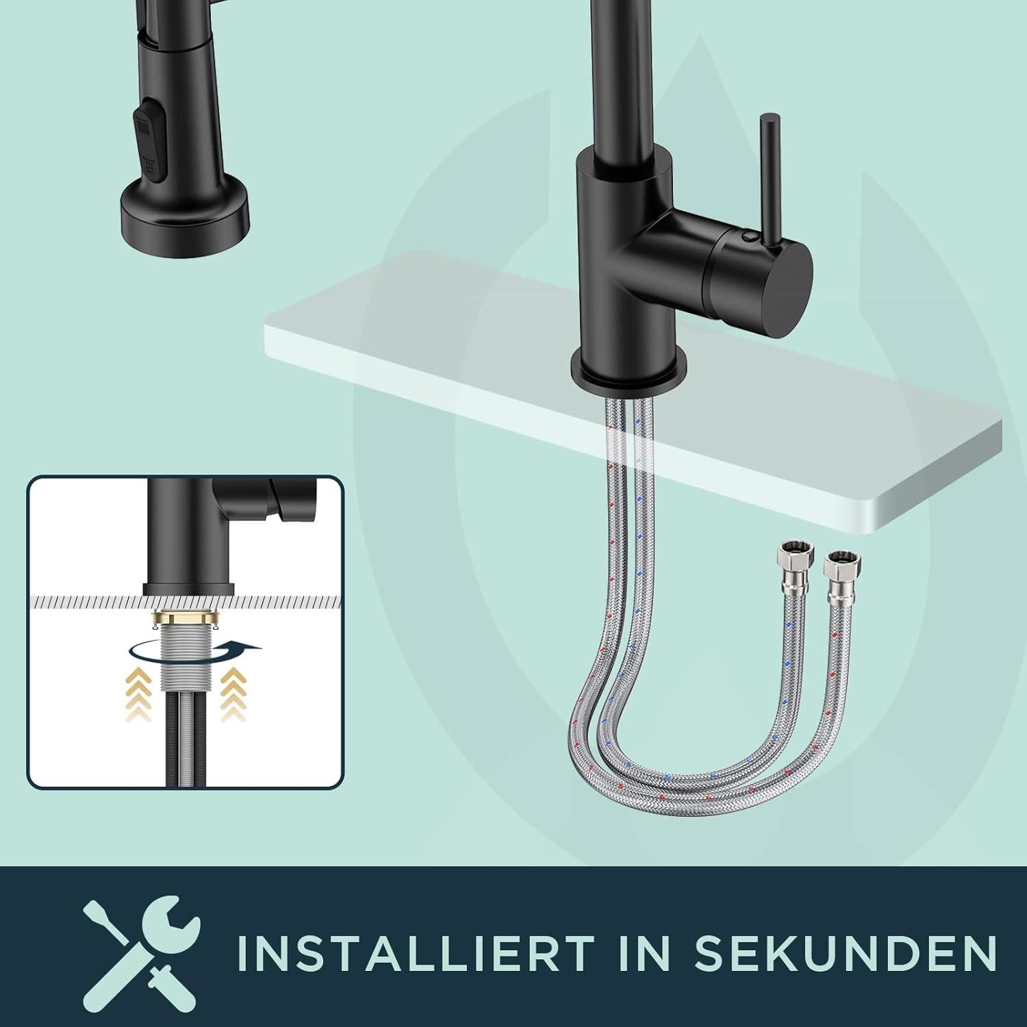 Moderne Schwarz Küchenarmatur mit hohem Bogen und Zwei Sprühfunktionen