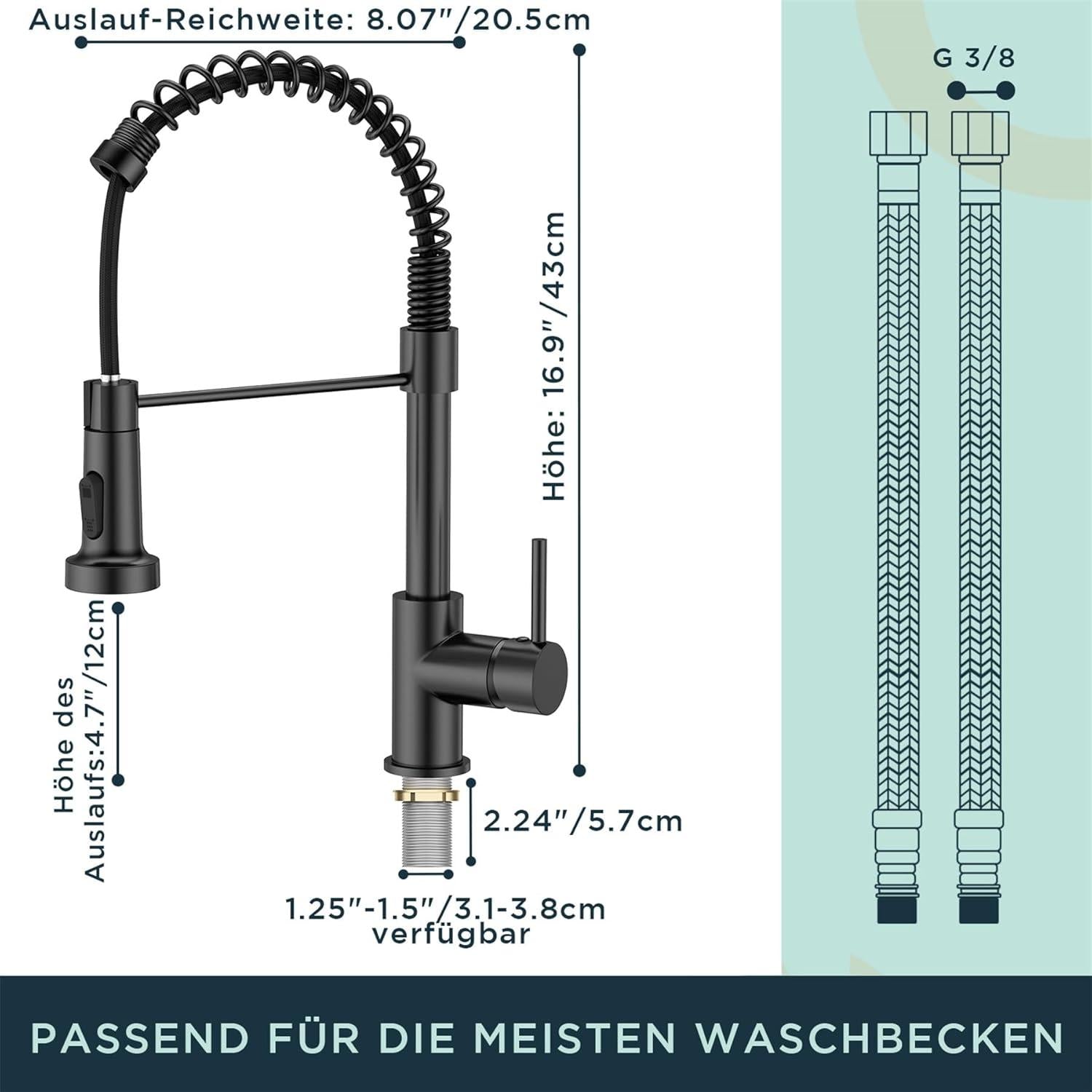 Wasserhahn Küche Schwarz Hoher Bogen Hochdruck Armatur 360° Schwenkbar