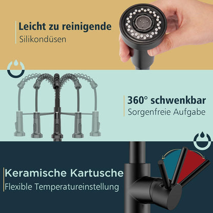 Moderne Schwarz Küchenarmatur mit hohem Bogen und Zwei Sprühfunktionen