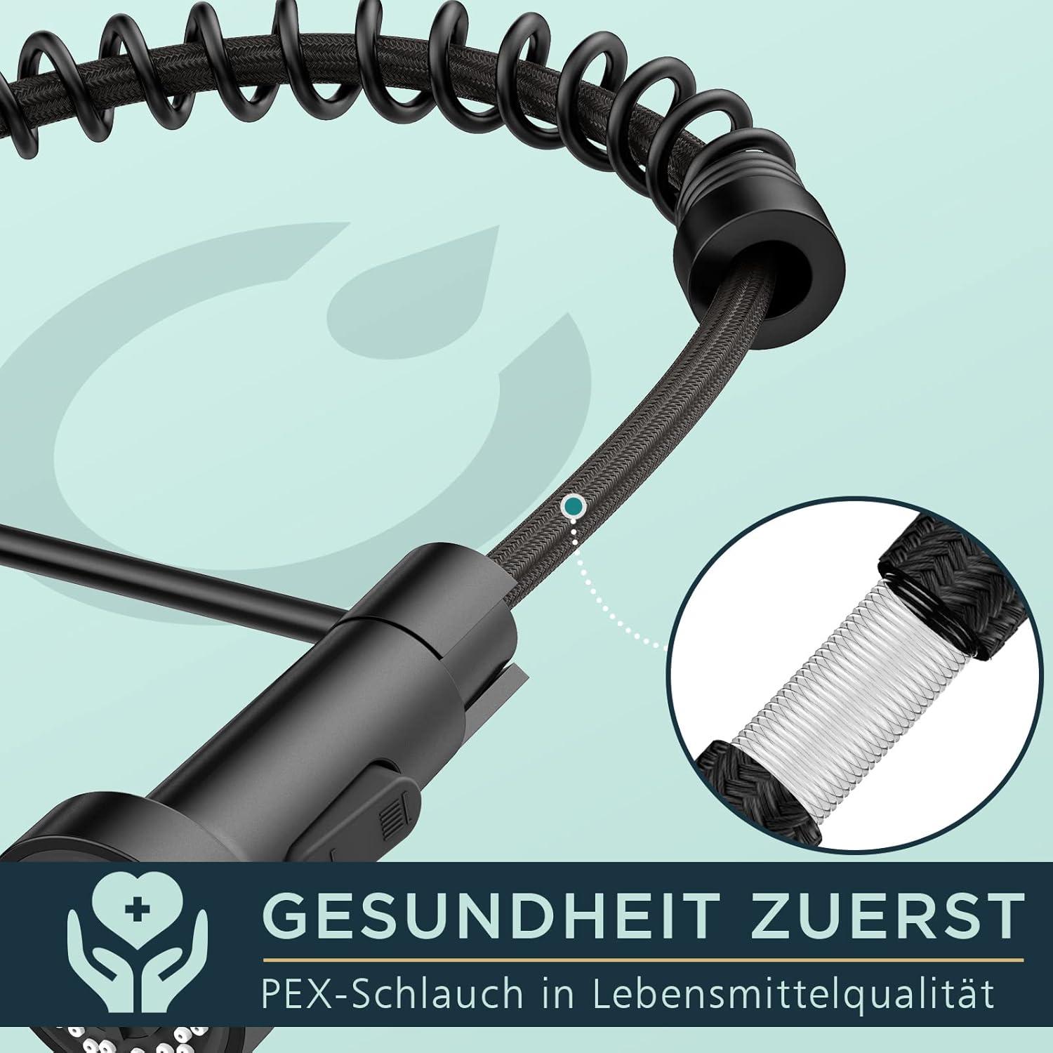 FORIOUS Schwarze Küchenarmatur mit herausziehbarer Brause - Mattschwarz, Hochdruck, 360° schwenkbar, 2 Sprühmodi