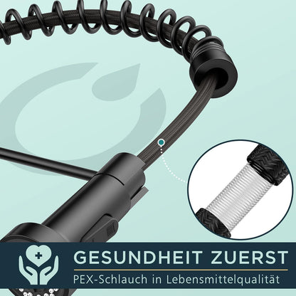 FORIOUS Schwarze Küchenarmatur mit herausziehbarer Brause - Mattschwarz, Hochdruck, 360° schwenkbar, 2 Sprühmodi