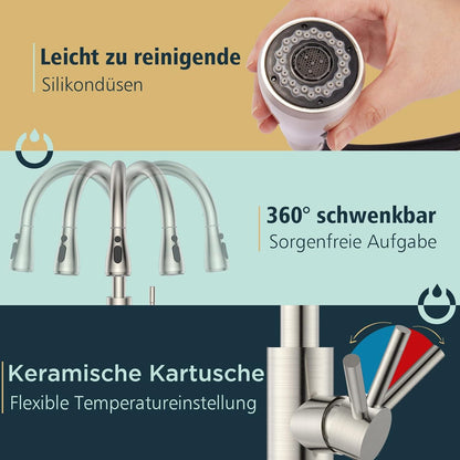 Moderne FORIOUS Hochdruck Küchenarmatur mit ausziehbarer Brause