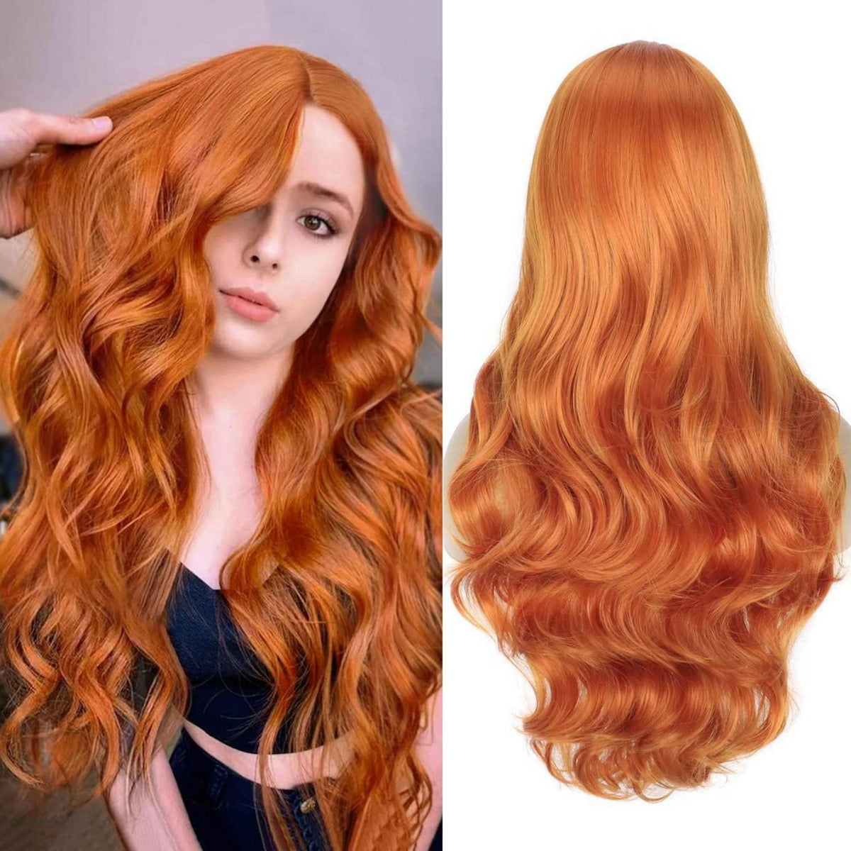 Lange, lockige Orange-Blond Perücke – Synthetisch & natürlich