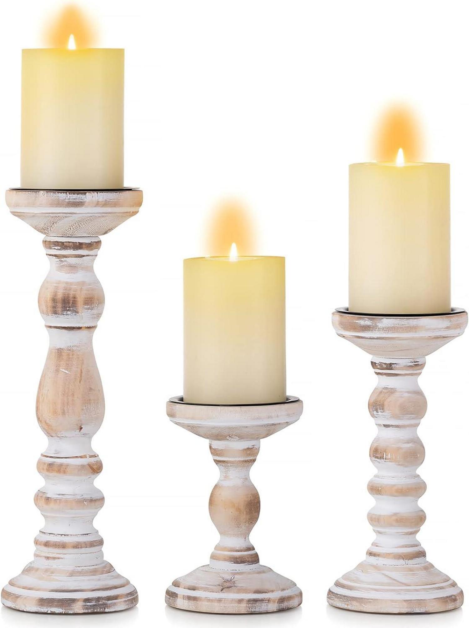 Vintage Holz Kerzenhalter Stumpenkerzen Set Landhausstil Shabby Chic