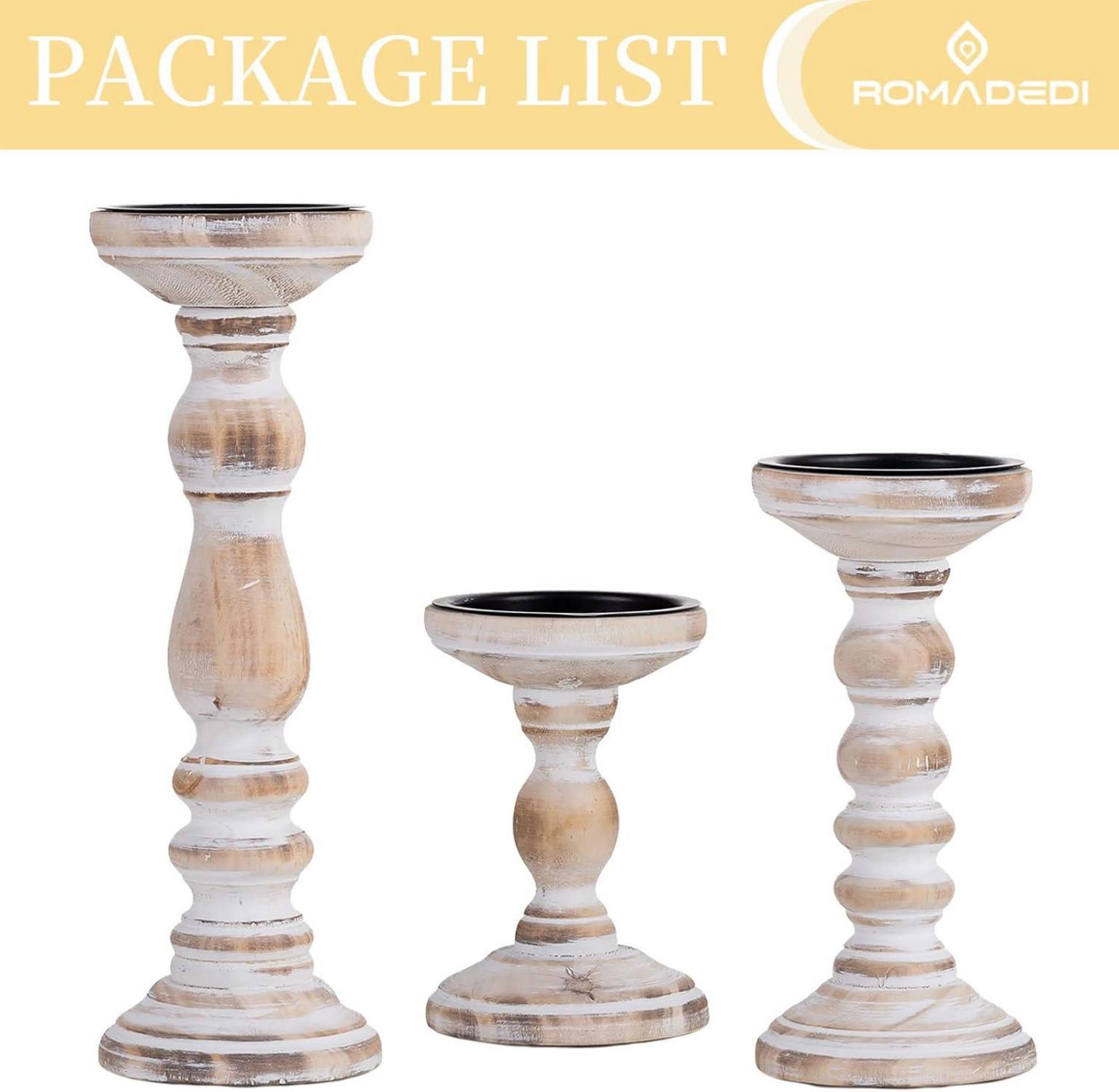 3er Set Romadedi Kerzenhalter Holz Landhausstil Vintage Deko 15/21/30cm
