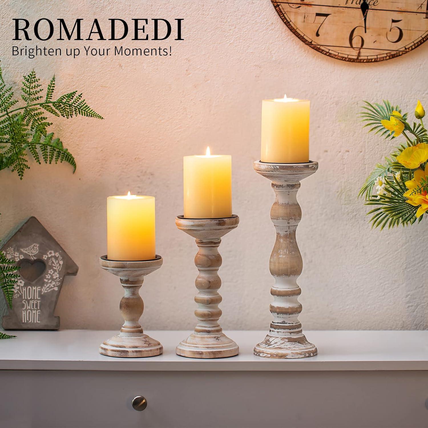 3er Set Romadedi Kerzenhalter Holz Landhausstil Vintage Deko 15/21/30cm