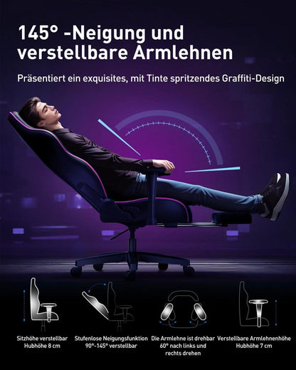 Ergonomischer Graffiti Bürostuhl Verstellbar PU Leder Lordosenstütze