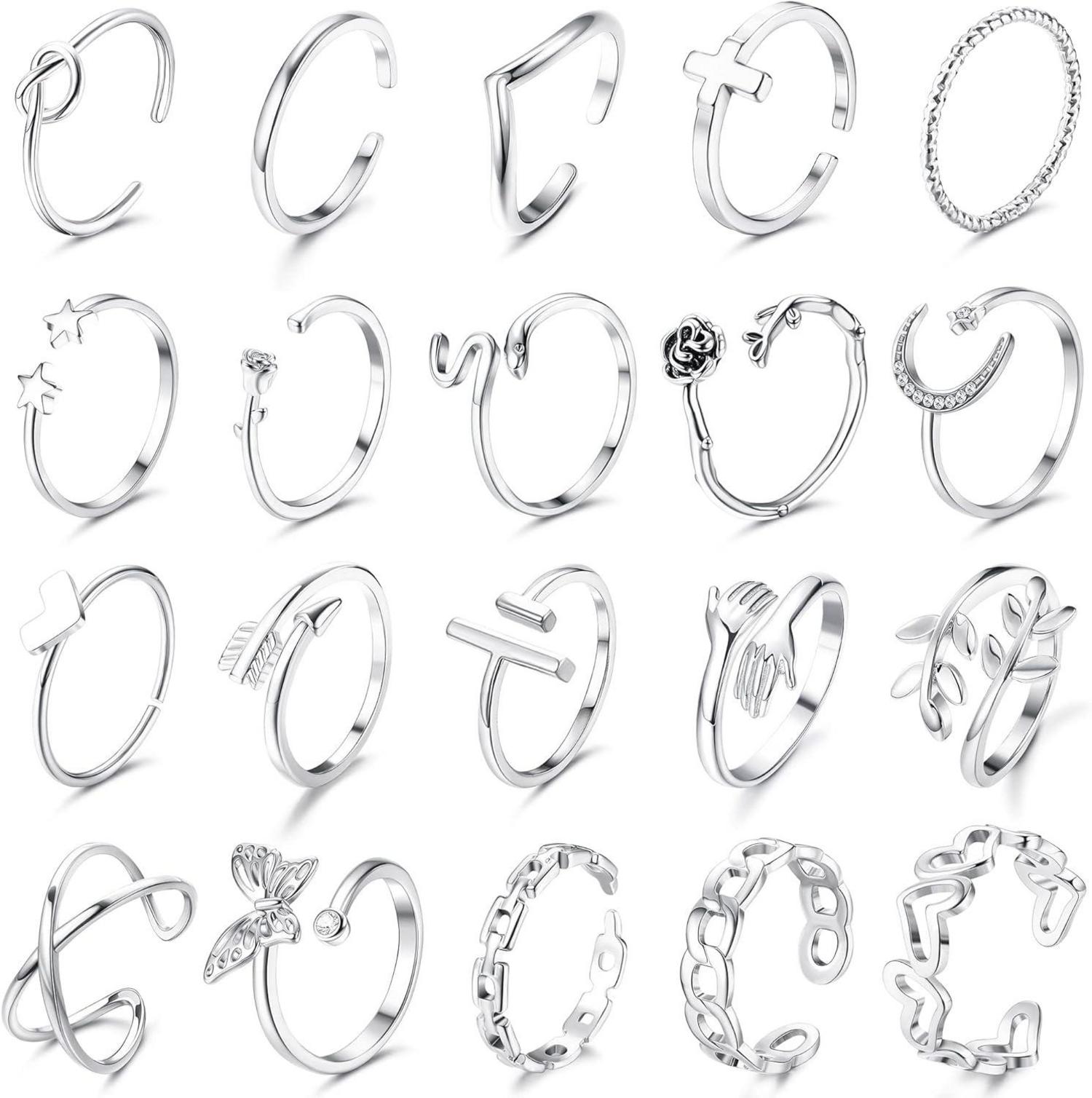 20-teiliges Silber Ringe Set für Frauen Mädchen verstellbarer Offene