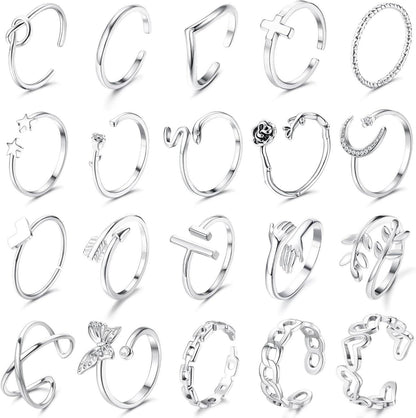20-teiliges Silber Ringe Set für Frauen Mädchen verstellbarer Offene