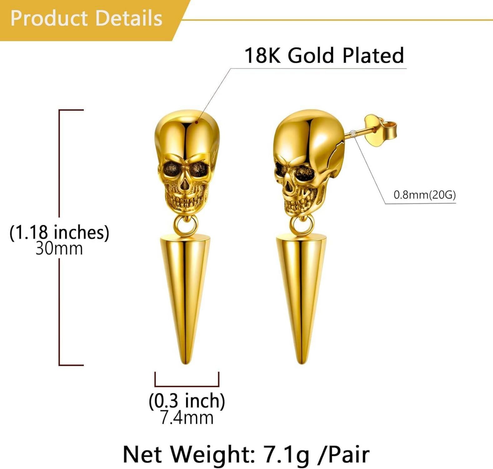 U7 Totenkopf Drachen Ohrstecker Edelstahl Gold Gothic Punk Halloween