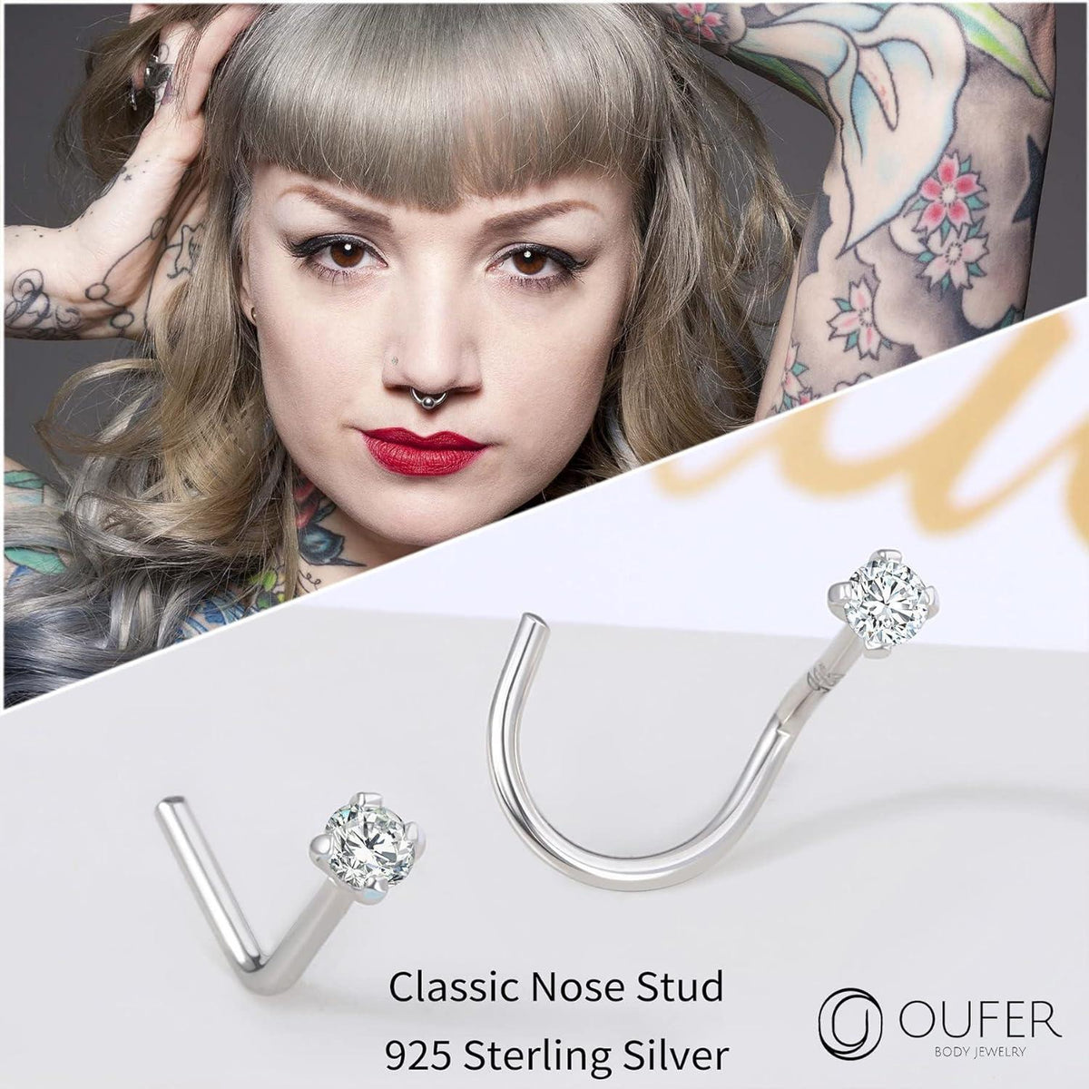 Nasenpiercing L-Form 925 Silber mit Zirkonia 2mm