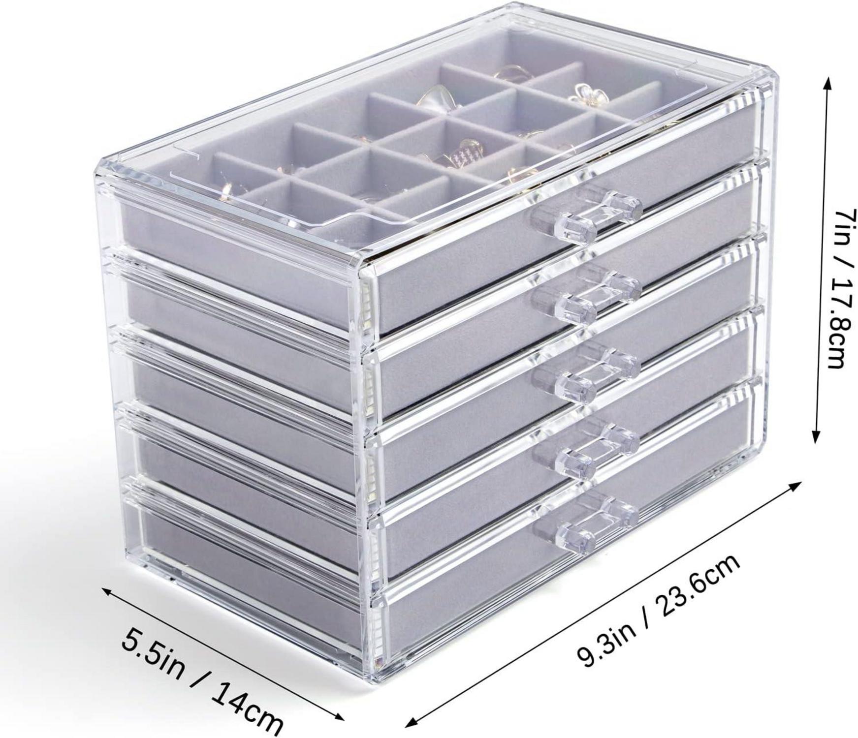 Acryl Schmuckkästchen mit 5 Schubladen & 20 Schmuckbeutel Aufbewahrung Grau