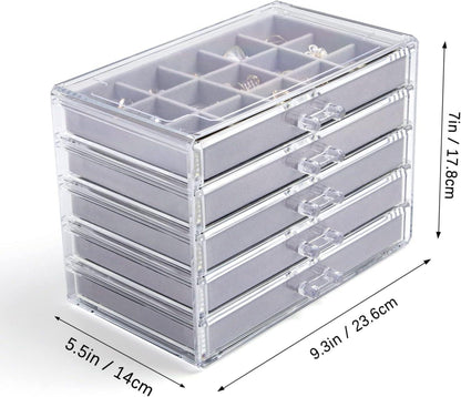 Acryl Schmuckkästchen mit 5 Schubladen & 20 Schmuckbeutel Aufbewahrung Grau