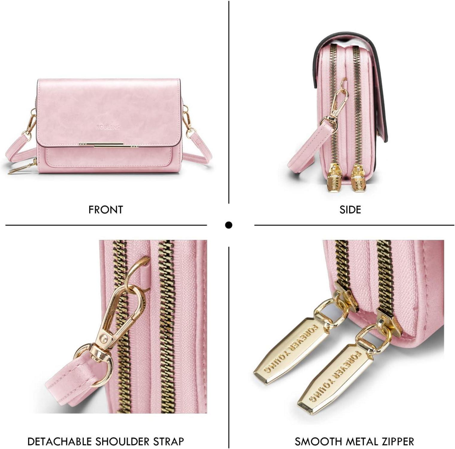 Roulens Damen Handy Umhängetasche PU Leder Crossbody Ölwachs-rosa