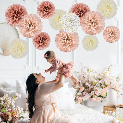Seidenpapier Pompons Set in Roségold für Hochzeit, Junggesellinnenabschied, Tischdeko & Gartenparty
