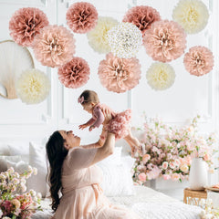 Seidenpapier Pompons Set in Roségold für Hochzeit, Junggesellinnenabschied, Tischdeko & Gartenparty