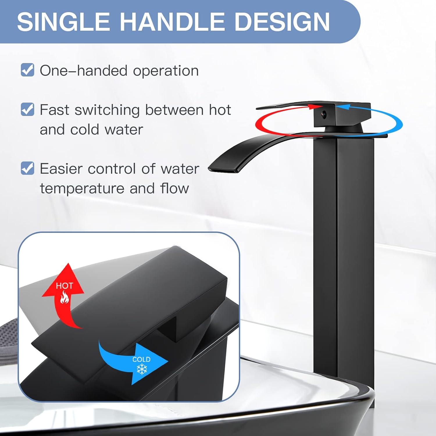 Wasserfall Waschtischarmatur Schwarz Matt 235mm - Modernes Hoch