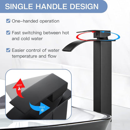 Wasserfall Waschtischarmatur Schwarz Matt 235mm - Modernes Hoch