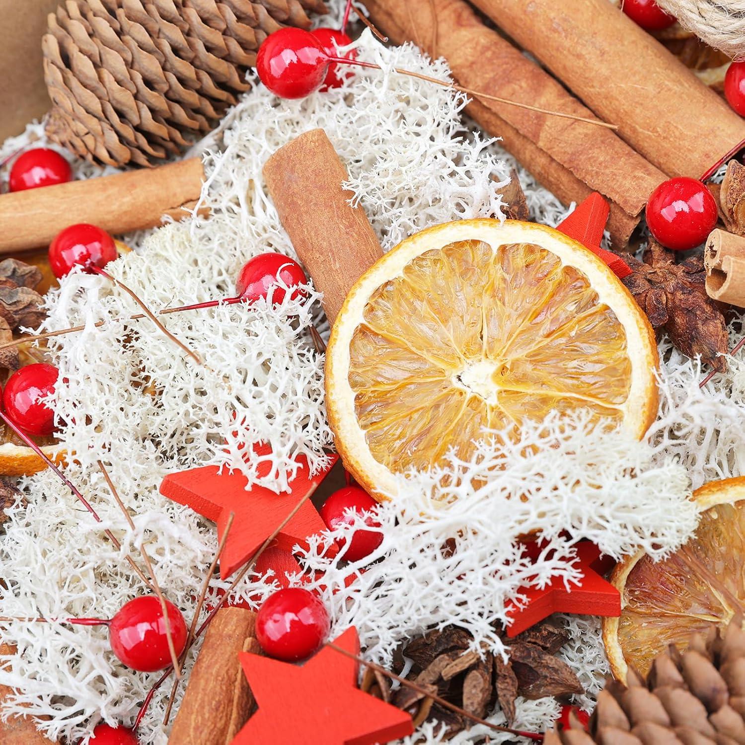 YUNSTK Weihnachtskranz Deko Set 107 Stück Tannenzapfen Zimtstangen OrangenscheibenadioButton Sternanis Juteschnur Moos