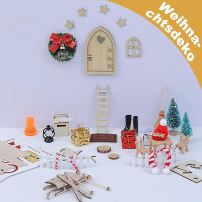 Weihnachts Wichteltür Set Miniatur Zubehör Elfentür Baustelle Kranz