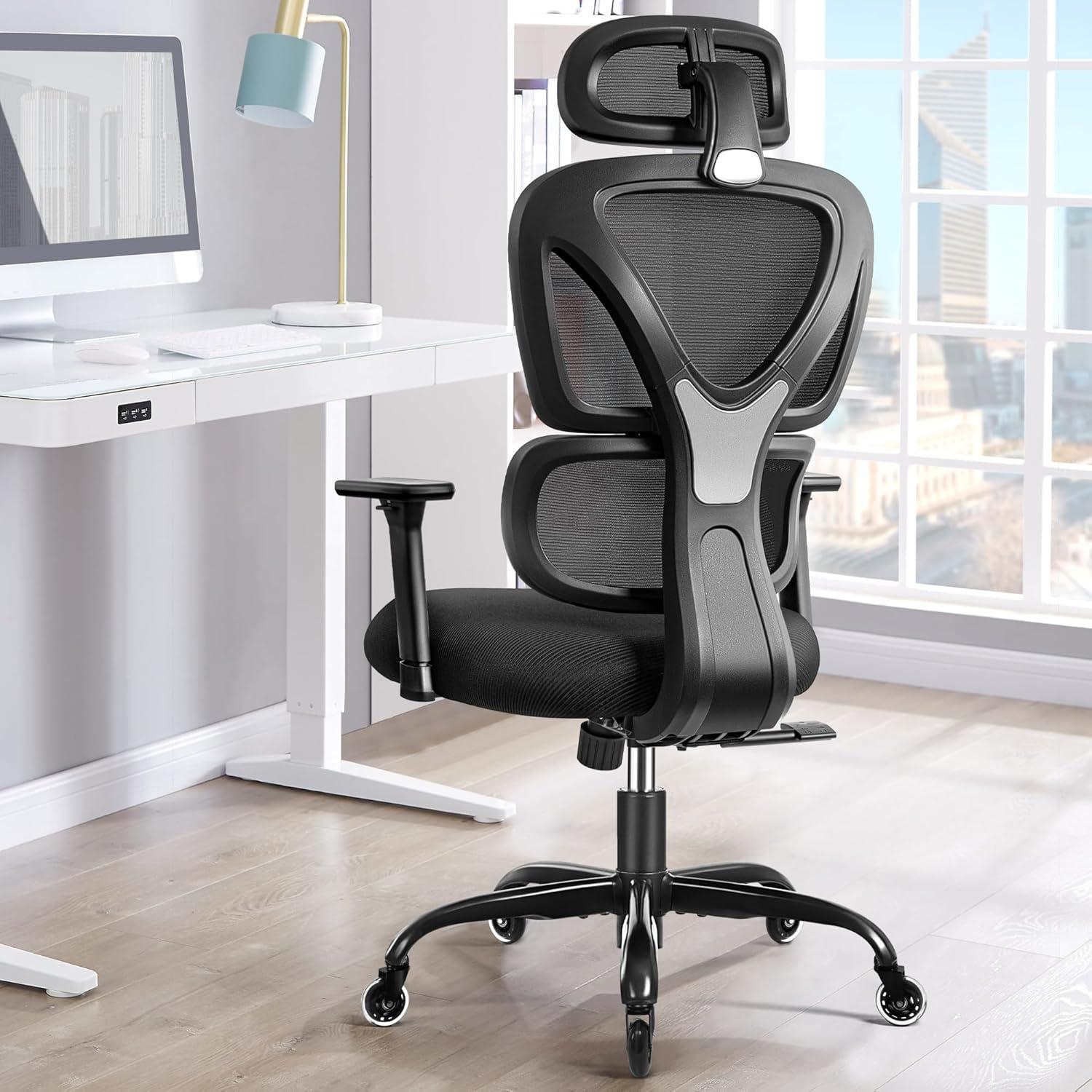 Ergonomischer Bürostuhl mit Kopfstütze, Armlehnen & Lendenwirbelstütze
