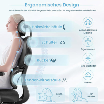 Ergonomischer Bürostuhl mit Kopfstütze, Armlehnen & Lendenwirbelstütze